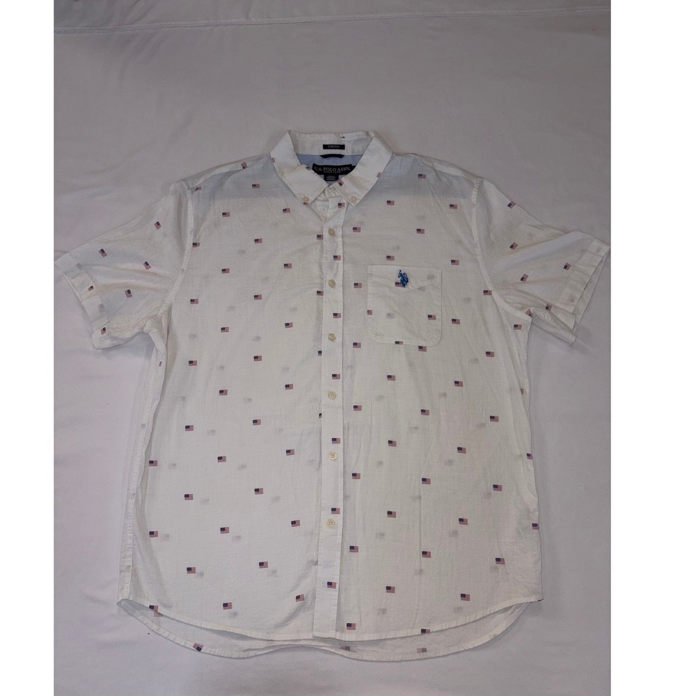 US Polo Assn Mens XL White American Flag Print Short Sleeve Button Down Shirt